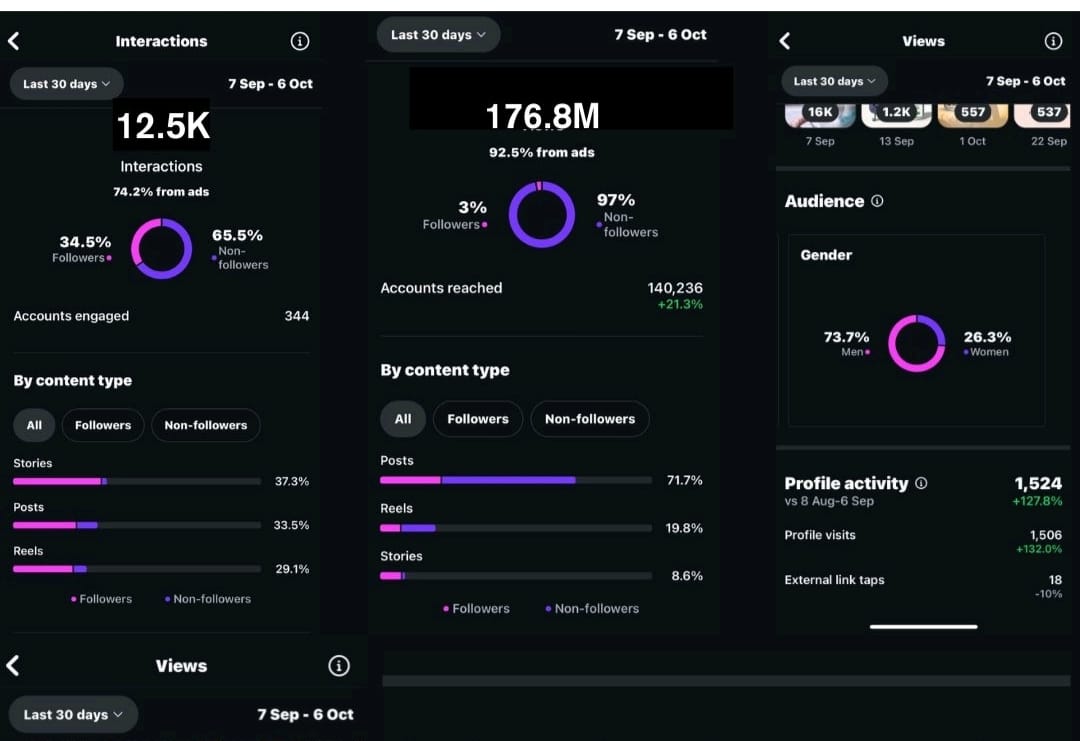 Social media analytics showing 176.8M views and 12.5K interactions